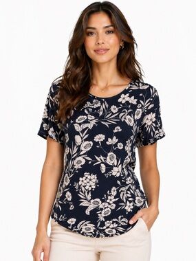 Ann Taylor Petite Navy Floral Blouse – Size MP